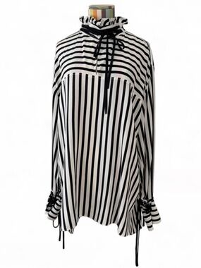 Derek Lam New York 100% Silk Black & White Striped Oversized Tunic Blouse Ties